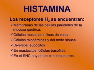 Los receptores H2 se encuentran:
Membranas de las células parietales de la
mucosa gástrica.
Células musculares lisas de vasos
Células miocárdicas y del nodo sinusal
Diversos leucocitos
En mastocitos, células basófilas.
En el SNC hay de los tres receptores
HISTAMINA
 