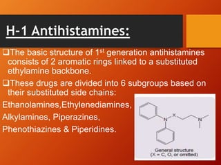 H-1 Antihistamines:
The basic structure of 1st generation antihistamines
consists of 2 aromatic rings linked to a substituted
ethylamine backbone.
These drugs are divided into 6 subgroups based on
their substituted side chains:
Ethanolamines,Ethylenediamines,
Alkylamines, Piperazines,
Phenothiazines & Piperidines.
 
