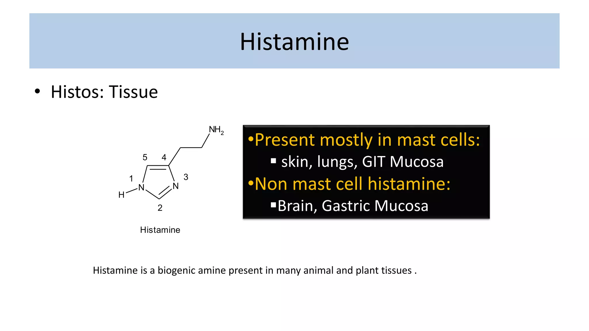 Histamine
• Histos: Tissue
N N
NH2
H
1
2
3
45
Histamine
•Present mostly in mast cells:
 skin, lungs, GIT Mucosa
•Non mast cell histamine:
Brain, Gastric Mucosa
Histamine is a biogenic amine present in many animal and plant tissues .
 