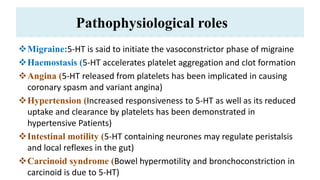 Pathophysiological roles
Migraine:5-HT is said to initiate the vasoconstrictor phase of migraine
Haemostasis (5-HT accelerates platelet aggregation and clot formation
Angina (5-HT released from platelets has been implicated in causing
coronary spasm and variant angina)
Hypertension (Increased responsiveness to 5-HT as well as its reduced
uptake and clearance by platelets has been demonstrated in
hypertensive Patients)
Intestinal motility (5-HT containing neurones may regulate peristalsis
and local reflexes in the gut)
Carcinoid syndrome (Bowel hypermotility and bronchoconstriction in
carcinoid is due to 5-HT)
 