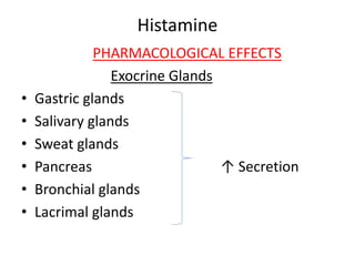 Histamine
PHARMACOLOGICAL EFFECTS
Exocrine Glands
• Gastric glands
• Salivary glands
• Sweat glands
• Pancreas ↑ Secretion
• Bronchial glands
• Lacrimal glands
 