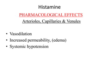 Histamine
PHARMACOLOGICAL EFFECTS
Arterioles, Capillaries & Venules
• Vasodilation
• Increased permeability, (edema)
• Systemic hypotension
 