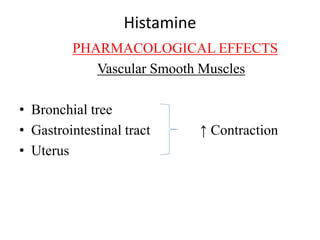 Histamine
PHARMACOLOGICAL EFFECTS
Vascular Smooth Muscles
• Bronchial tree
• Gastrointestinal tract ↑ Contraction
• Uterus
 