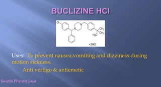Uses: To prevent nausea,vomiting and dizziness during
motion sickness.
Anti vertigo & antiemetic
Swathi Pharma Jnan
 