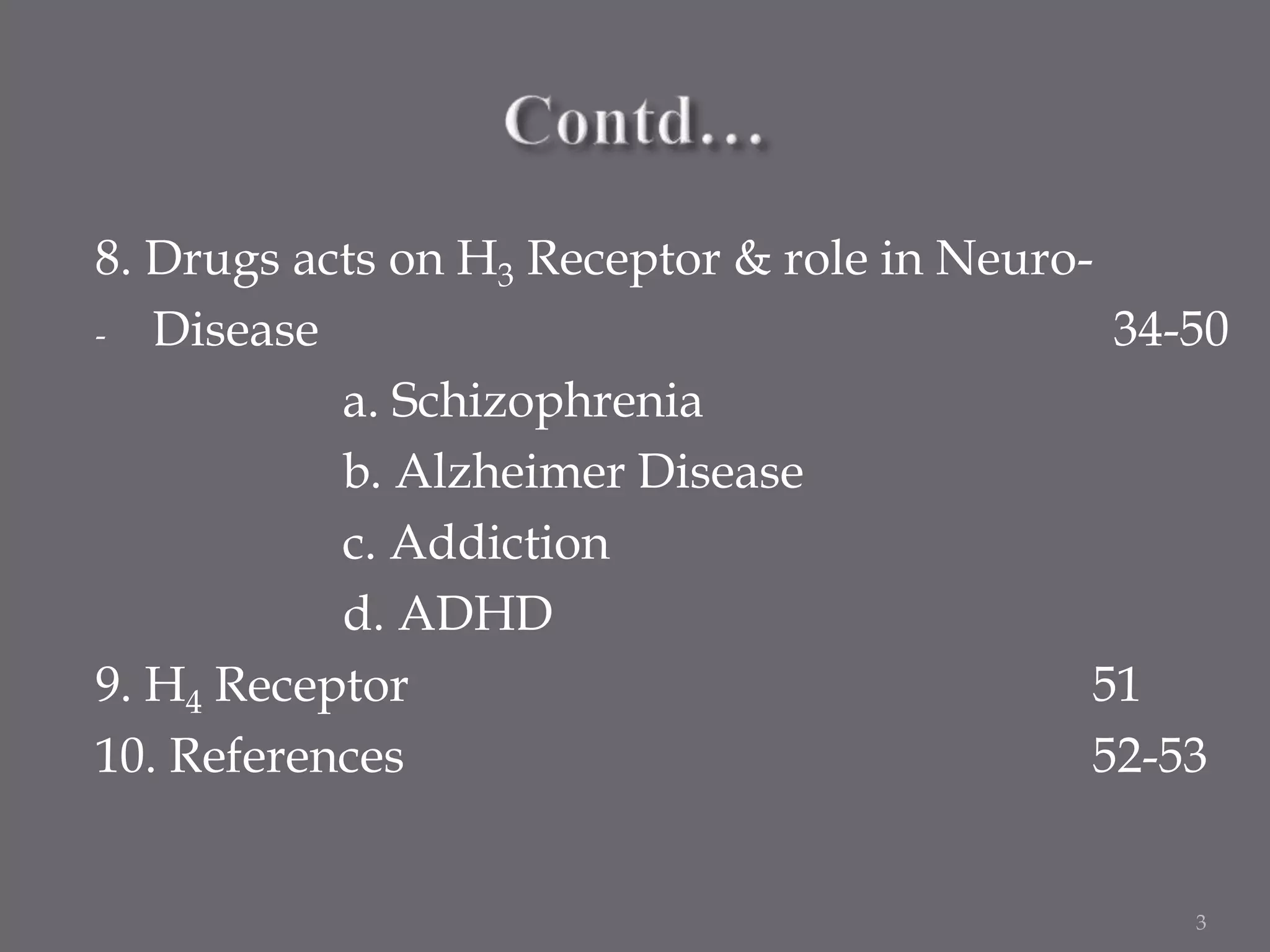 8. Drugs acts on H3 Receptor & role in Neuro-
- Disease 34-50
a. Schizophrenia
b. Alzheimer Disease
c. Addiction
d. ADHD
9. H4 Receptor 51
10. References 52-53
3
 