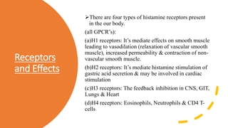Receptors
and Effects
There are four types of histamine receptors present
in the our body.
(all GPCR’s):
(a)H1 receptors: It’s mediate effects on smooth muscle
leading to vasodilation (relaxation of vascular smooth
muscle), increased permeability & contraction of non-
vascular smooth muscle.
(b)H2 receptors: It’s mediate histamine stimulation of
gastric acid secretion & may be involved in cardiac
stimulation
(c)H3 receptors: The feedback inhibition in CNS, GIT,
Lungs & Heart
(d)H4 receptors: Eosinophils, Neutrophils & CD4 T-
cells
 