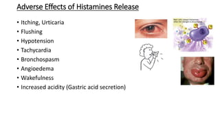 Adverse Effects of Histamines Release
• Itching, Urticaria
• Flushing
• Hypotension
• Tachycardia
• Bronchospasm
• Angioedema
• Wakefulness
• Increased acidity (Gastric acid secretion)
 