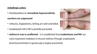 Antiallergic action:
• Manifestations of Immediate hypersensitivity
reactions are suppressed
• Urticaria, Angioedema, itching are well controlled.
• Anaphylactic fall in BP is partially prevented
• Asthma in man is unaffected – it is established that Leukotrienes and PAF are
more important mediators in Human Asthma (Though anaphylactic
bronchoconstriction in guinea pig is largely prevented).
 