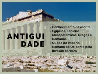 ANTIGUI
DADE
Conhecimento da escrita;
Egípcios, Fenícios,
Mesopotâmicos, Gregos e
Romanos.
Queda do império
Romano do Ocidente pela
invasão bárbara
 