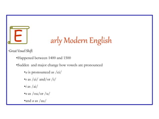 E arly Modern English
•Great Vowel Shift
•Happened between 1400 and 1500
•Sudden and major change how vowels are pronounced
•a is pronounced as /ei/
•e as /ei/ and/or /i/
•i as /ai/
•o as /ou/or /u/
•and u as /au/
 