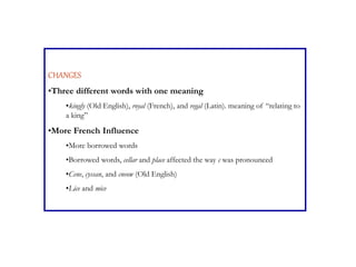 CHANGES
•Three different words with one meaning
•kingly (Old English), royal (French), and regal (Latin). meaning of “relating to
a king”
•More French Influence
•More borrowed words
•Borrowed words, cellar and place affected the way c was pronounced
•Cene, cyssan, and cneow (Old English)
•Lice and mice
 