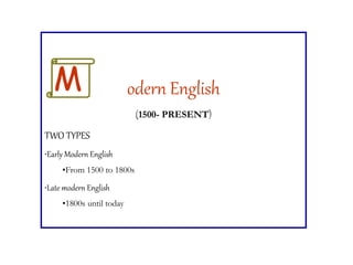 odern English
(1500- PRESENT)
TWO TYPES
•Early Modern English
•From 1500 to 1800s
•Late modern English
•1800s until today
M
 