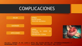 COMPLICACIONES
SANGRADO
INFECCIONES
WILLIAM L. SIMPSON, JR, MD, LAURA G. BEITIA, MD, JOLINDA MESTER, MD. HYSTEROSALPINGRAPHY: A
REEMERGING STUDY. RADIOGRAPHICS. MARCH-APRIL 2006. VOL 6 NUM 2. PAG: 419-431.
OTRAS:
DOLOR SEVERO
REACCION VASOVAGAL
RARAS:
REACCION AL MEDIO DE
CONTRASTE
PERFORACION UTERINA
DOLOR
 