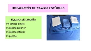 PREPARACIÓN DE CAMPOS ESTÉRILES
EQUIPO DE CIRUGÍA
04 campos simple
01 sabana superior
01 sabana inferior
01 poncho
 