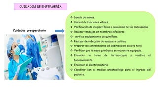 CUIDADOS DE ENFERMERÍA
Cuidados preoperatorio
 Lavado de manos.
 Control de funciones vitales.
 Verificación de vía periférica o colocación de vía endovenosa.
 Realizar vendajes en miembros inferiores
 verifica equipamiento de quirófano.
 Realizar desinfección de equipos y cialitica.
 Preparar los contenedores de desinfección de alto nivel.
 Verificar que la mesa quirúrgica se encuentre equipada.
 Encender la torre de histeroscopia y verifica el
funcionamiento.
 Encender el electrocauterio
 Coordinar con el medico anestesiólogo para el ingreso del
paciente.
 