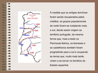 À medida que os antigos domínios
foram sendo recuperados pelos
cristãos, os grupos populacionais
do norte foram-se instalando mais
a sul, dando assim origem ao
território português, da mesma
forma que, mais a leste na
Península Ibérica, os leoneses e
os castelhanos também foram
progredindo para o sul e ocupando
as terras que, muito mais tarde,
viriam a se tornar no território do
Estado espanhol.
 