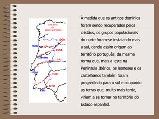 À medida que os antigos domínios foram sendo recuperados pelos cristãos, os grupos populacionais do norte foram-se instalando mais a sul, dando assim origem ao território português, da mesma forma que, mais a leste na Península Ibérica, os leoneses e os castelhanos também foram progredindo para o sul e ocupando as terras que, muito mais tarde, viriam a se tornar no território do Estado espanhol. 