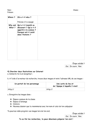 Nom : Classe :
Prénom :
Where ? Où a-t-il vécu ?
Précise s'il a voyagé.
Why and
What ?
Qu'a-t-il inventé ou
découvert ? Qu'a-t-il
apporté à la science ?
Pourquoi est-il resté
dans l'histoire ?
Étape validée ?
Oui En cours Non
4) Chercher deux illustrations sur Internet
a. Connecte-toi à un navigateur ;
b. A l'aide d'un moteur de recherche, trouve deux images et note l'adresse URL de ces images :
Un portait de ton personnage Une carte du lieu et
de l'époque à laquelle il vivait
Http:// Http://
c. Enregistre les images dans :
Espace commun de ta classe
Espace d'échange
Histoire
Nouveau dossier que tu renommeras avec ton nom et celui de ton coéquipier
Tu pourras vidéo-projeter ces images lors de ton oral.
Étape validée ?
Oui En cours Non
Tu as fini tes recherches, tu peux désormais préparer ton oral !
 