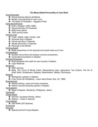 The Many-Sided Personality of Jose Rizal
Actor/Dramatist
 School dramas-Ateneo de Manila
 Model in the paintings of Juan Luna
 The Death of Cleopatra – Egyptian Priest
Agriculturist/Farmer
 Exile in Dapitan (1892-1896)
 Owned farmlots (70 hectares)
 6000 hemp plants
 1000 coconut trees
Animal Lover
 Fowls, rabbits, dogs, horses, cats
 Syria-pet dog in Dapitan
 Usman-pet dog in Calamba
 Alipato-pet horse in Calamba
 Revenge of the Mother
Anthropologist
 Made researches on the physical and social make up of man.
Archaeologist
 Studied monuments and antique currency everywhere.
 Conducted excavations in Dapitan
Architect/Carpenter
 Rizal designed and made his own houses in Dapitan
 Casa Redonda
Booklover
 2000 volumes
 Bible, The Count of Monte Cristo, Rewandering View, Agriculture, Tea Culture, The Art of
Graft, Birds, Guidebooks, Epilepsy, Masturbation, Military Techniques
Botanist
 Maintained a garden in Dapitan.
 A las Flores de Heidelberg – poem about flower (Apr. 22, 1886)
Businessman
 Dapitan-fishing, copra and hemp industries
 Ramon Carreon-business partner in Dapitan
Cartographer
 Maps of Dapitan, Mindanao, Philippines, others
Cartoonist
Chess Player
 German, European friends, others
 Ajedrez – chess in Spanish
Conchologist
 346 Shells (203 Species)
Economist
Educator
 Special school for boys-Dapitan
 
