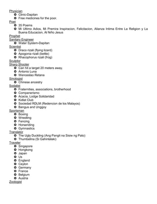 Physician
 Clinic-Dapitan
 Free medicines for the poor.
Poet
 35 Poems
 Mi Ultimo Adios, Mi Premira Inspiracion, Felicitacion, Alianza Intima Entre La Religion y La
Buena Educacion, Al Niño Jesus
Prophet
Sanitary Engineer
 Water System-Dapitan
Scientist
 Draco rizali (flying lizard)
 Apogonia rizali (bettle)
 Rhacophorus rizali (frog)
Sculptor
Sharp Shooter
 Can hit a target 20 meters away.
 Antonio Luna
 Wenceslao Retana
Sinologist
 Chinese ancestry
Sodalist
 Fraternities, associations, brotherhood
 Companerismo
 Acacia, Lodge Solidaridad
 Kidlat Club
 Sociedad RDLM (Redencion de los Malayos)
 Bangus and Unggoy
Sportsman
 Boxing
 Wrestling
 Fencing
 Horseriding
 Gymnastics
Translator
 The Ugly Duckling (Ang Pangit na Sisiw ng Pato)
 Thumbelina (Si Gahinlalaki)
Traveler
 Singapore
 Hongkong
 Japan
 Us
 England
 Ceylon
 Germany
 France
 Belgium
 Austria
Zoologist
 