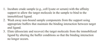 1. Incubate crude sample (e.g., cell lysate or serum) with the affinity
support to allow the target molecule in the sample to bind to the
immobilized ligand.
2. Wash away non-bound sample components from the support using
appropriate buffers that maintain the binding interaction between target
and ligand.
3. Elute (dissociate and recover) the target molecule from the immobilized
ligand by altering the buffer conditions so that the binding interaction
no longer occurs.
 