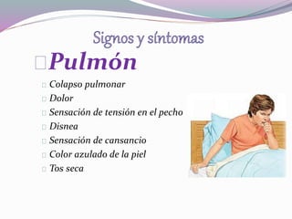 Pulmón 
Colapso pulmonar 
Dolor 
Sensación de tensión en el pecho 
Disnea 
Sensación de cansancio 
Color azulado de la piel 
Tos seca 
 