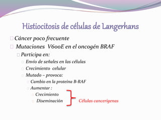 Cáncer poco frecuente 
Mutaciones V600E en el oncogén BRAF 
Participa en: 
Envío de señales en las células 
Crecimiento celular 
Mutado – provoca: 
Cambio en la proteína B-RAF 
Aumentar : 
Crecimiento 
Diseminación Células cancerígenas 
 