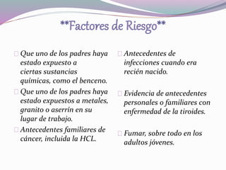 Que uno de los padres haya 
estado expuesto a 
ciertas sustancias 
químicas, como el benceno. 
Que uno de los padres haya 
estado expuestos a metales, 
granito o aserrín en su 
lugar de trabajo. 
Antecedentes familiares de 
cáncer, incluida la HCL. 
Antecedentes de 
infecciones cuando era 
recién nacido. 
Evidencia de antecedentes 
personales o familiares con 
enfermedad de la tiroides. 
Fumar, sobre todo en los 
adultos jóvenes. 
 