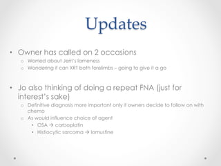 Updates	
•  Owner has called on 2 occasions
o  Worried about Jerri’s lameness
o  Wondering if can XRT both forelimbs – going to give it a go
•  Jo also thinking of doing a repeat FNA (just for
interest’s sake)
o  Definitive diagnosis more important only if owners decide to follow on with
chemo
o  As would influence choice of agent
•  OSA à carboplatin
•  Histiocytic sarcoma à lomustine
 