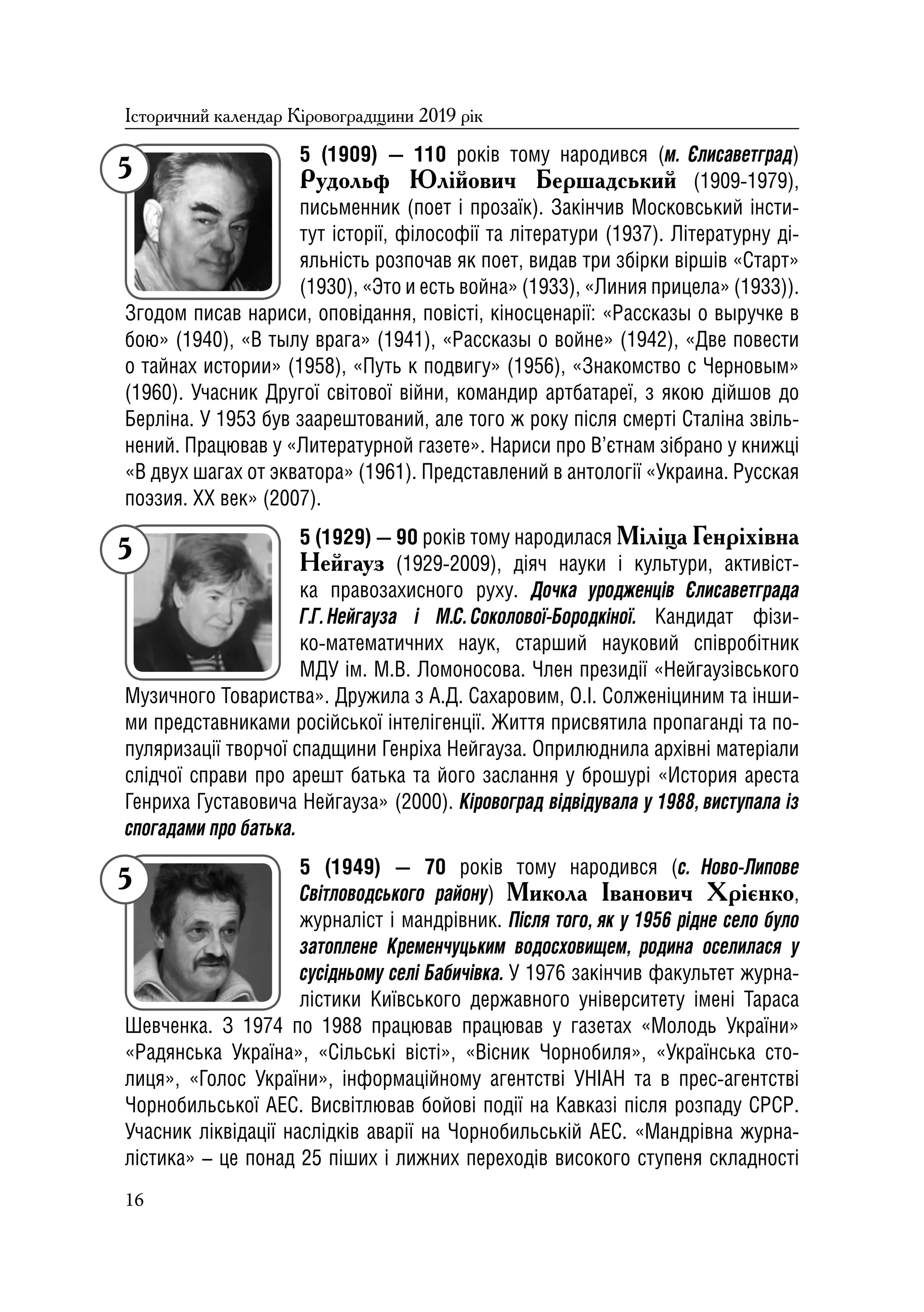 Історичний календар Кіровоградщини на 2019 р.