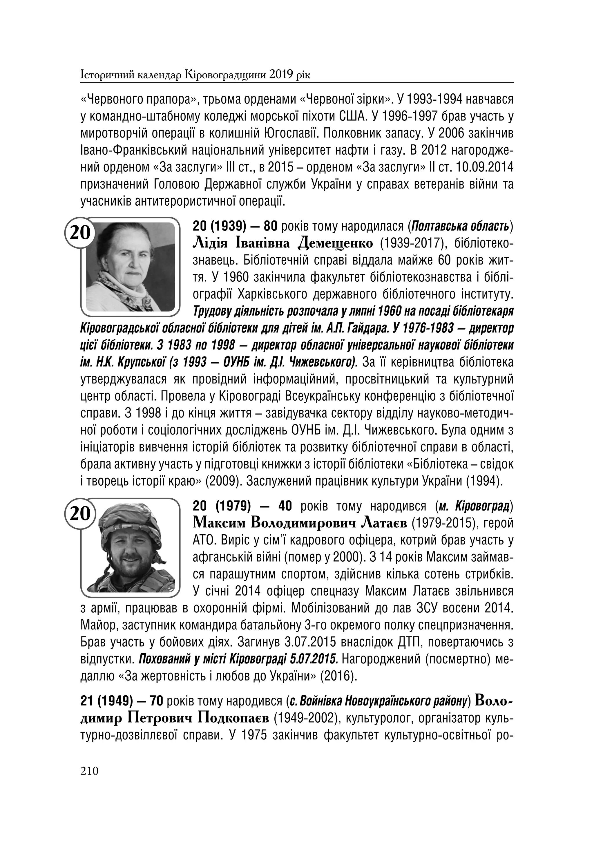 Історичний календар Кіровоградщини на 2019 р.