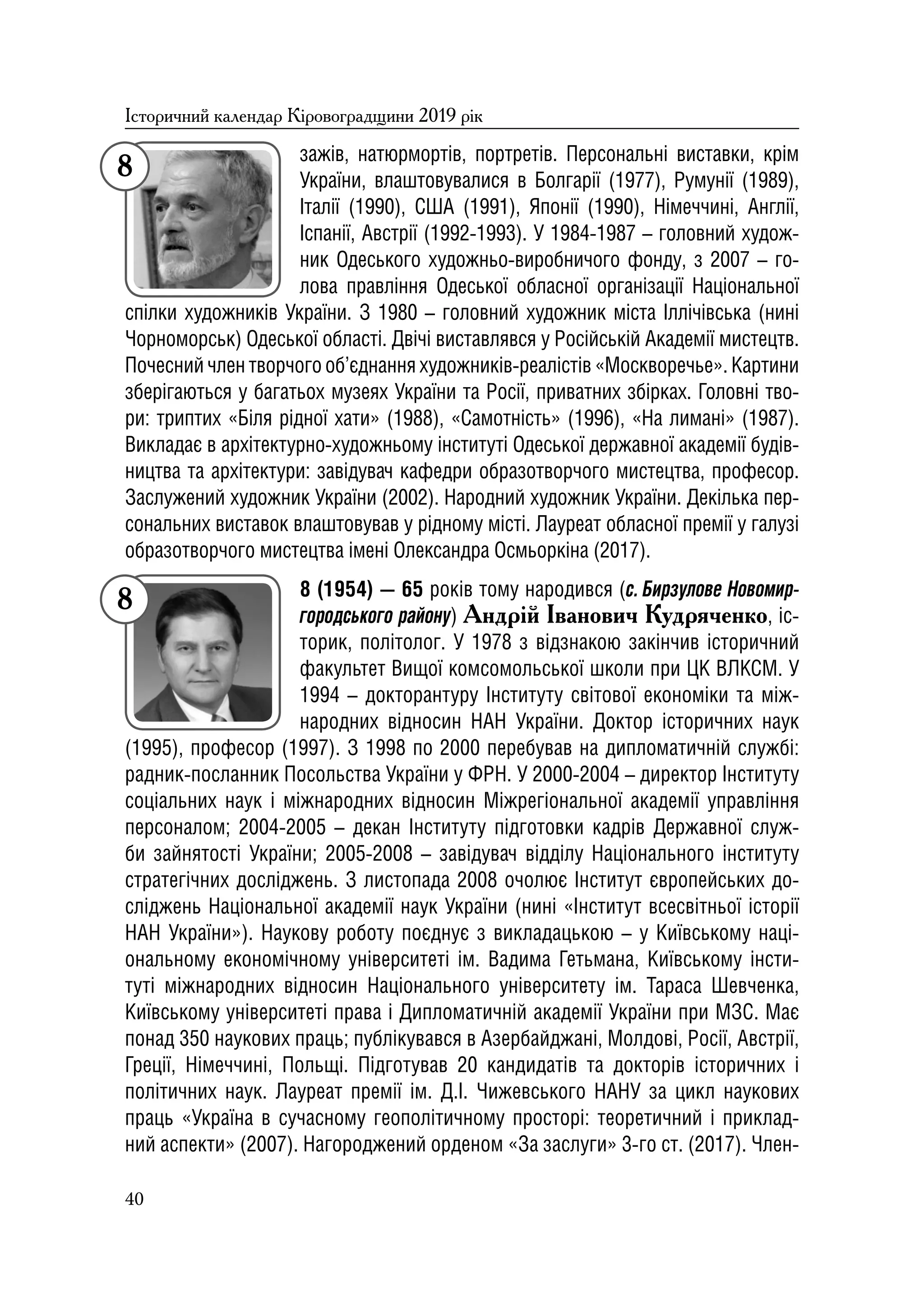 Історичний календар Кіровоградщини на 2019 р.