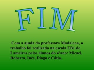 FIM Com a ajuda da professora Madalena, o trabalho foi realizado na escola EB1 de Lameiras pelos alunos do 4ºano: Micael, Roberto, Inês, Diogo e Cátia. 