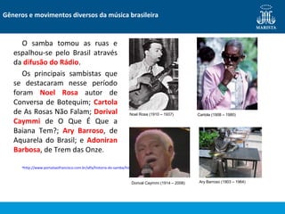 O samba tomou as ruas e
espalhou-se pelo Brasil através
da difusão do Rádio.
Os principais sambistas que
se destacaram nesse período
foram Noel Rosa autor de
Conversa de Botequim; Cartola
de As Rosas Não Falam; Dorival
Caymmi de O Que É Que a
Baiana Tem?; Ary Barroso, de
Aquarela do Brasil; e Adoniran
Barbosa, de Trem das Onze.
•http://www.portalsaofrancisco.com.br/alfa/historia-do-samba/historia-do-samba-6.php
Gêneros e movimentos diversos da música brasileira
Noel Rosa (1910 – 1937) Cartola (1908 – 1980)
Dorival Caymmi (1914 – 2008) Ary Barroso (1903 – 1964)
 