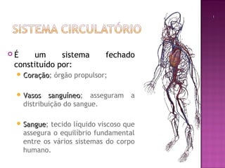 É    um      sistema         fechado
 constituído por:
  Coração;
   Coração    órgão propulsor;

  Vasos     sanguíneo; asseguram
             sanguíneo               a
     distribuição do sangue.

  Sangue;
   Sangue    tecido líquido viscoso que
     assegura o equilíbrio fundamental
     entre os vários sistemas do corpo
     humano.
 
