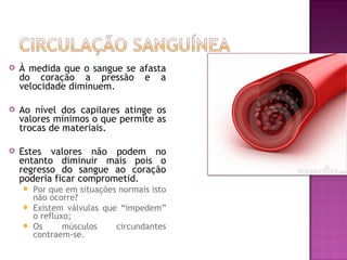    À medida que o sangue se afasta
    do coração a pressão e a
    velocidade diminuem.

   Ao nível dos capilares atinge os
    valores mínimos o que permite as
    trocas de materiais.

   Estes valores não podem no
    entanto diminuir mais pois o
    regresso do sangue ao coração
    poderia ficar comprometid.
     Por que em situações normais isto
      não ocorre?
     Existem válvulas que “impedem”
      o refluxo;
     Os      músculos    circundantes
      contraem-se.
 