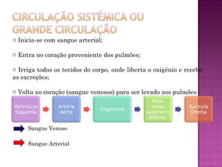 o Inicia-se com sangue arterial;

o Entra no coração proveniente dos pulmões;

o Irriga todos os tecidos do corpo, onde liberta o oxigénio e recebe
as excreções;

o Volta ao coração (sangue venosos) para ser levado aos pulmões




     Sangue Venoso

     Sangue Arterial
 