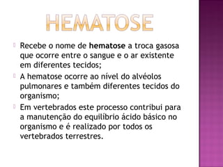    Recebe o nome de hematose a troca gasosa
    que ocorre entre o sangue e o ar existente
    em diferentes tecidos;
   A hematose ocorre ao nível do alvéolos
    pulmonares e também diferentes tecidos do
    organismo;
   Em vertebrados este processo contribui para
    a manutenção do equilíbrio ácido básico no
    organismo e é realizado por todos os
    vertebrados terrestres.
 
