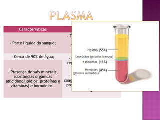 Características               Formas de atuação
                                  - Transporte dos elementos
                                      figurados do sangue,
  - Parte líquida do sangue;
                                    nutrientes, excreções e
                                           hormônios;
   - Cerca de 90% de água;         - Desempenha funções de
                                  regulação e distribuição do
                                            calor;
 - Presença de sais minerais,
     substâncias orgânicas          - Desempenha funções na
(glicídios; lipídios; proteínas e coagulação do sangue devido à
   vitaminas) e hormônios.         presença de proteinas como
                                           fibrogénio.
 