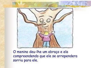 O menino deu-lhe um abraço e ela 
compreendendo que ele se arrependera 
sorriu para ele. 
 