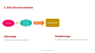 KS_JRC_Histochemistry
3. Self coloured substrate
Enzyme
Colored
Soluble
Substrate
Hydrolysis Insoluble FRP
Advantage
1. Diazonium coupling not required
Disadvantage
1. Limited number of substrates are available
 