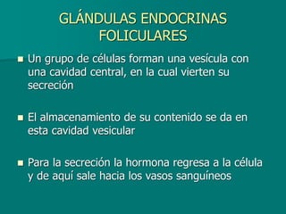 GLÁNDULAS ENDOCRINAS
FOLICULARES
◼ Un grupo de células forman una vesícula con
una cavidad central, en la cual vierten su
secreción
◼ El almacenamiento de su contenido se da en
esta cavidad vesicular
◼ Para la secreción la hormona regresa a la célula
y de aquí sale hacia los vasos sanguíneos
 