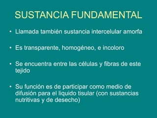 SUSTANCIA FUNDAMENTAL
• Llamada también sustancia intercelular amorfa
• Es transparente, homogéneo, e incoloro
• Se encuentra entre las células y fibras de este
tejido
• Su función es de participar como medio de
difusión para el liquido tisular (con sustancias
nutritivas y de desecho)
 
