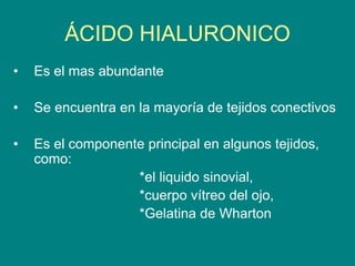 ÁCIDO HIALURONICO
• Es el mas abundante
• Se encuentra en la mayoría de tejidos conectivos
• Es el componente principal en algunos tejidos,
como:
*el liquido sinovial,
*cuerpo vítreo del ojo,
*Gelatina de Wharton
 