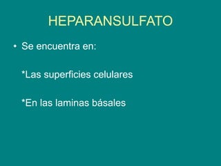 HEPARANSULFATO
• Se encuentra en:
*Las superficies celulares
*En las laminas básales
 