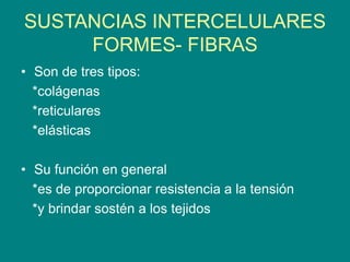 SUSTANCIAS INTERCELULARES
FORMES- FIBRAS
• Son de tres tipos:
*colágenas
*reticulares
*elásticas
• Su función en general
*es de proporcionar resistencia a la tensión
*y brindar sostén a los tejidos
 