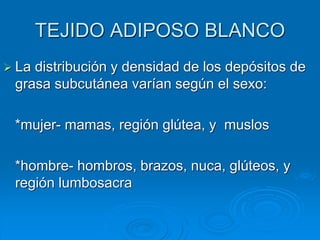 TEJIDO ADIPOSO BLANCO
➢ La distribución y densidad de los depósitos de
grasa subcutánea varían según el sexo:
*mujer- mamas, región glútea, y muslos
*hombre- hombros, brazos, nuca, glúteos, y
región lumbosacra
 