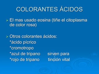 COLORANTES ÁCIDOS
➢ El mas usado eosina (tiñe el citoplasma
de color rosa)
➢ Otros colorantes ácidos:
*ácido pícrico
*cromotropo
*azul de tripano sirven para
*rojo de tripano tinción vital
 