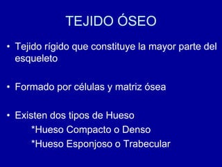 TEJIDO ÓSEO
• Tejido rígido que constituye la mayor parte del
esqueleto
• Formado por células y matriz ósea
• Existen dos tipos de Hueso
*Hueso Compacto o Denso
*Hueso Esponjoso o Trabecular
 