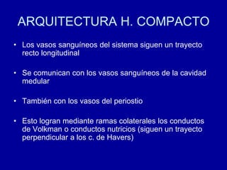 ARQUITECTURA H. COMPACTO
• Los vasos sanguíneos del sistema siguen un trayecto
recto longitudinal
• Se comunican con los vasos sanguíneos de la cavidad
medular
• También con los vasos del periostio
• Esto logran mediante ramas colaterales los conductos
de Volkman o conductos nutricios (siguen un trayecto
perpendicular a los c. de Havers)
 